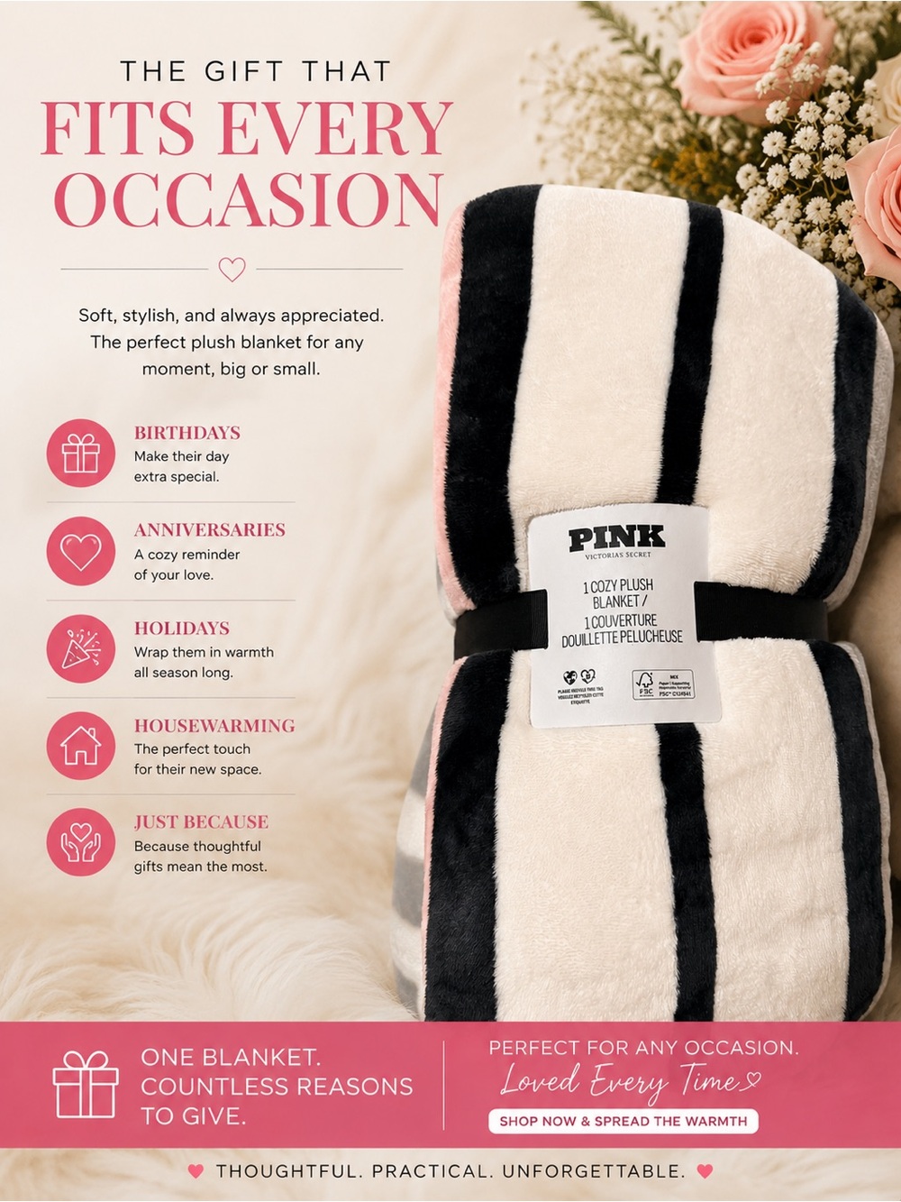 PINK Victoria's Secret Plush Stripe Throw - Black, White & Pink